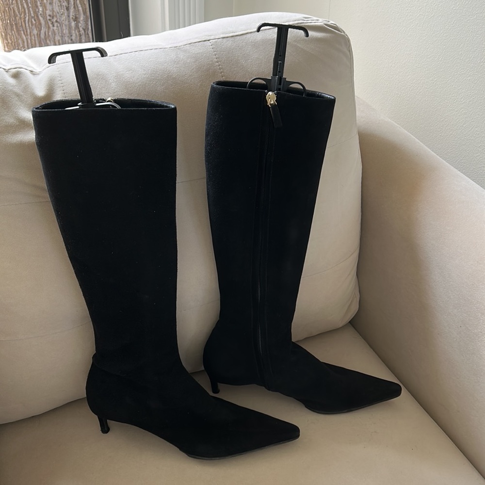 Escada Black Suede Knee-High Heeled Boots